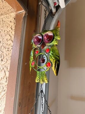 Colorful Metal Owl Wind Chime - Green with Red Accents